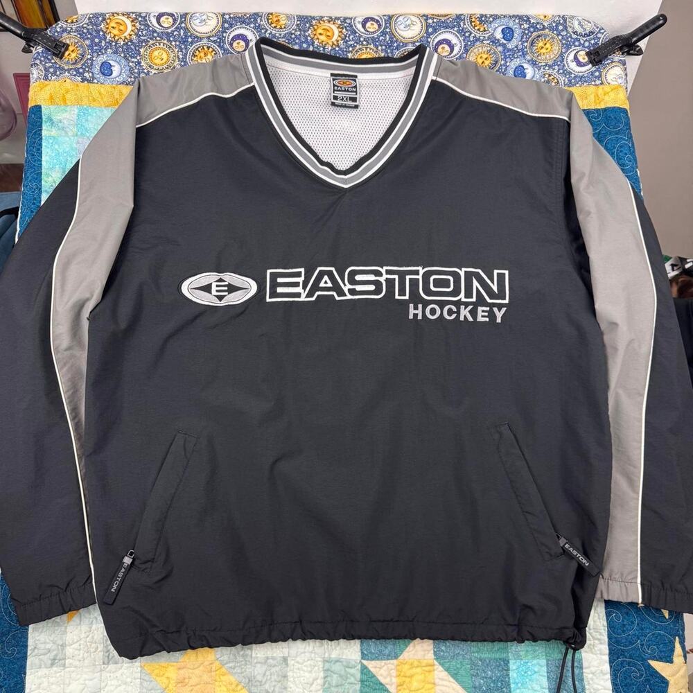 Easton Hockey Black and Grey Striped Windbreaker Pullover Jersey V-neck Collar
